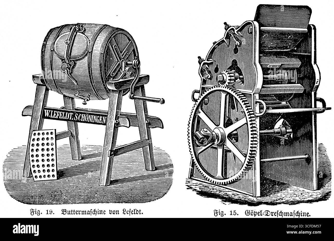 Barbotage de beurre par Lefeldt, production de beurre, cadre en bois, barbotage de beurre, manivelle, machine de battage goel, roues dentées, agriculture au 19ème siècle, Banque D'Images