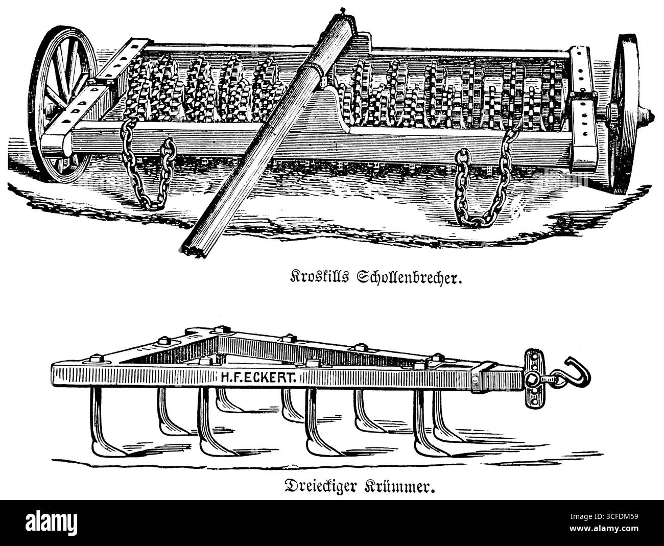 Broyeur de mottes Kroskills avec chaînes en fer, coude triangulaire, charrue, agriculture au 19ème siècle, génie agricole, agriculture de champ, culti du sol Banque D'Images