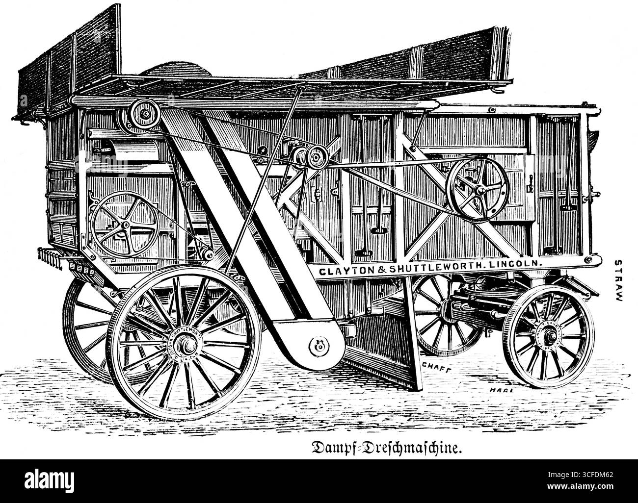 Batteuse à vapeur, grain de battage, inscription, Clayton and Shuttleworth, Lincoln, entraînement moteur, progrès technique, véhicule, facilitation et Banque D'Images
