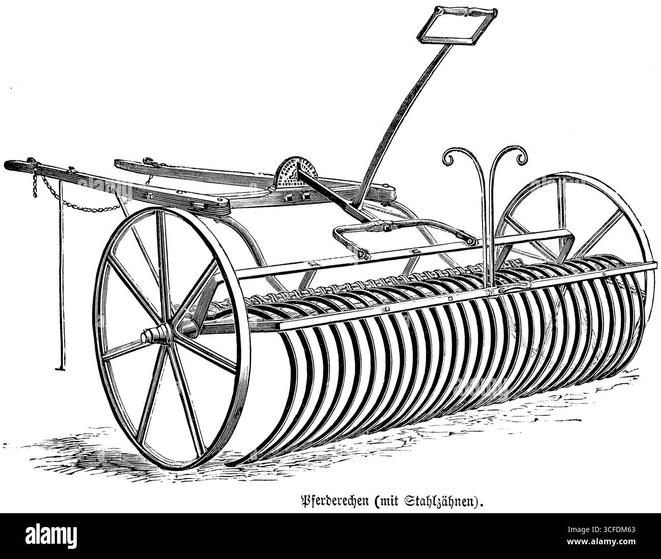 Les chevaux râtelent avec des dents en acier, des roues en fer, des animaux de trait, l'agriculture au 19ème siècle, le génie agricole, l'agriculture de champ, la culture du sol, s. Banque D'Images