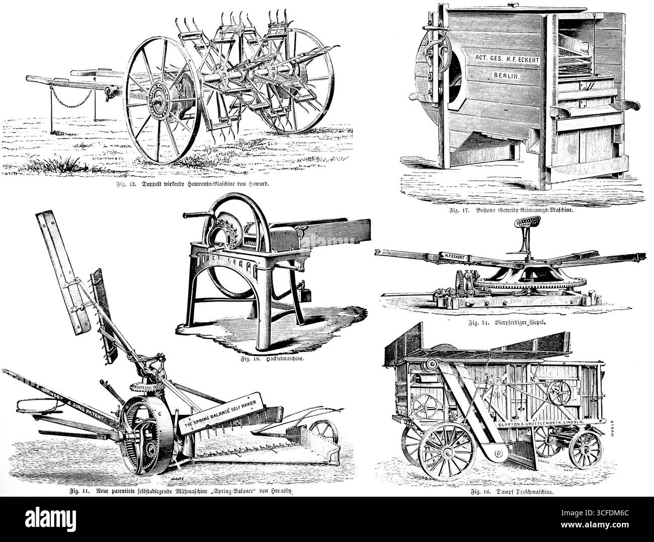 Machine à tourner le foin à double effet par Clifford Howard, inventeur et entrepreneur australien, machine de nettoyage des grains de Boston, gin quatre chevaux, Thr. Vapeur Banque D'Images