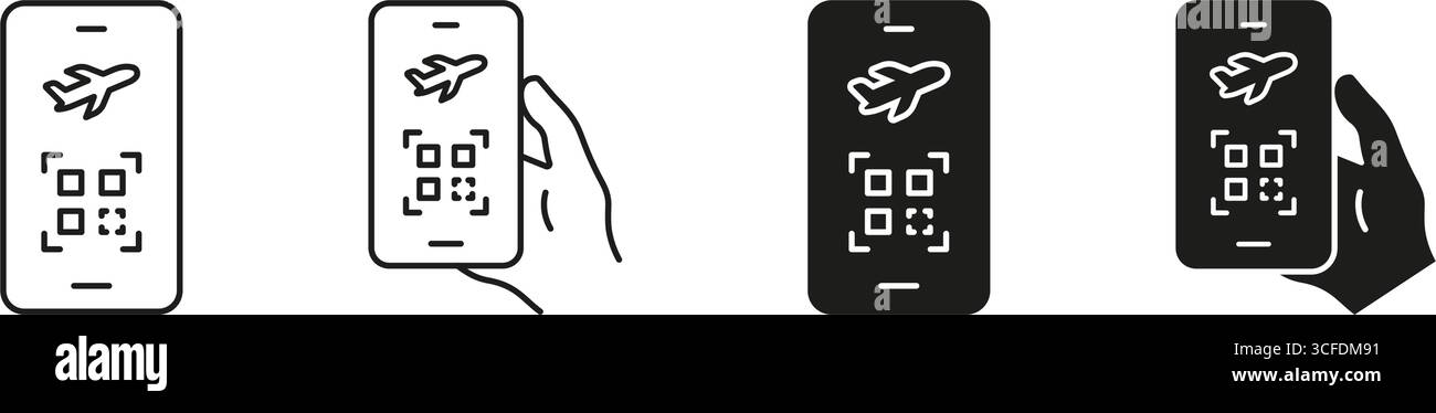 Carte d'embarquement pour smartphone avec code QR et icône d'avion définie. Billetterie numérique, contour d'enregistrement mobile et collection de symboles Silhouette. Isolé Illustration de Vecteur