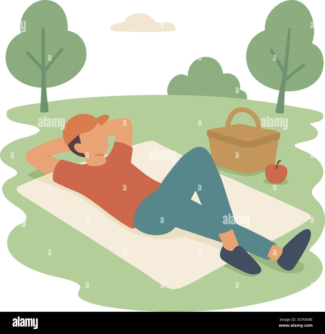 Une personne s'incline sur une couverture dans un parc verdoyant avec des nuages d'arbres et un panier de pique-nique, profitant d'une pause paisible. Illustration de Vecteur