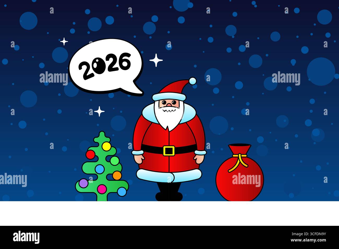 Dessin animé drôle du Père Noël avec barbe, vêtements rouges et cadeaux. Art vectoriel de Noël décoratif 2026 pour carte de vacances, invitation festive, affiche de Noël ou célébration du nouvel an. Illustration de Vecteur