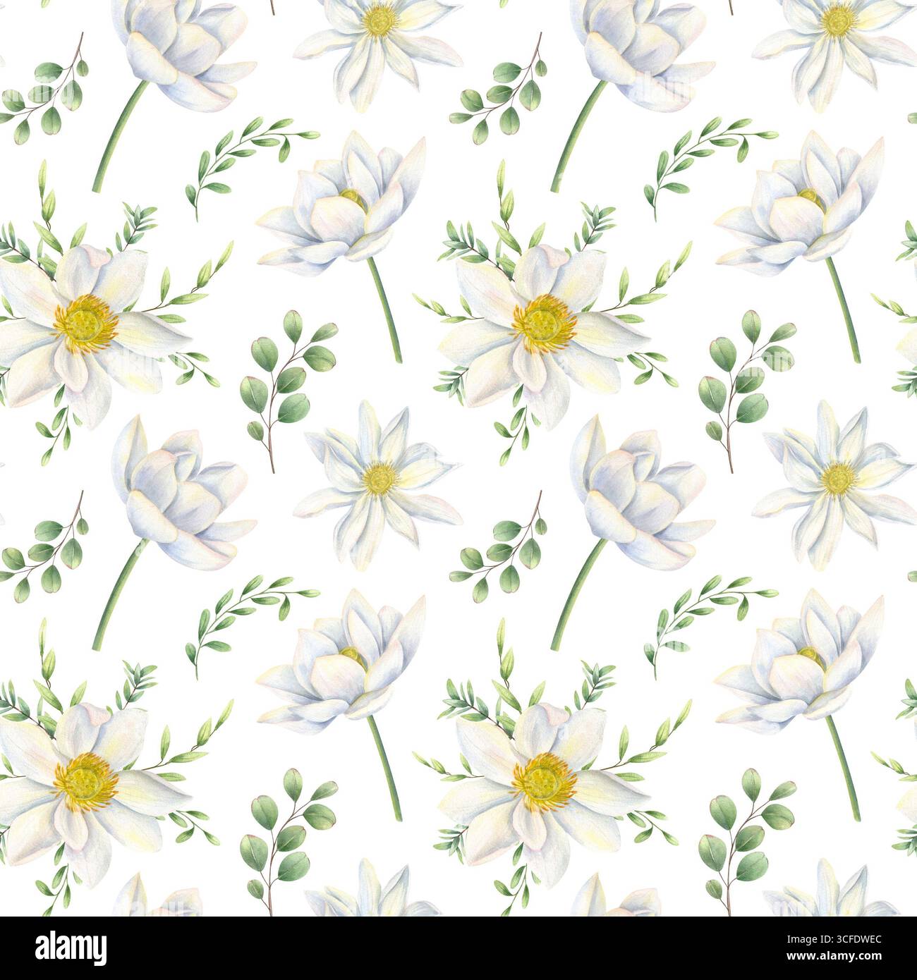 Motif aquarelle sans couture de fleurs blanches et de branches d'eucalyptus sur fond isolé. Illustration d'ornement de lotus fleuri et de feuilles vertes Banque D'Images