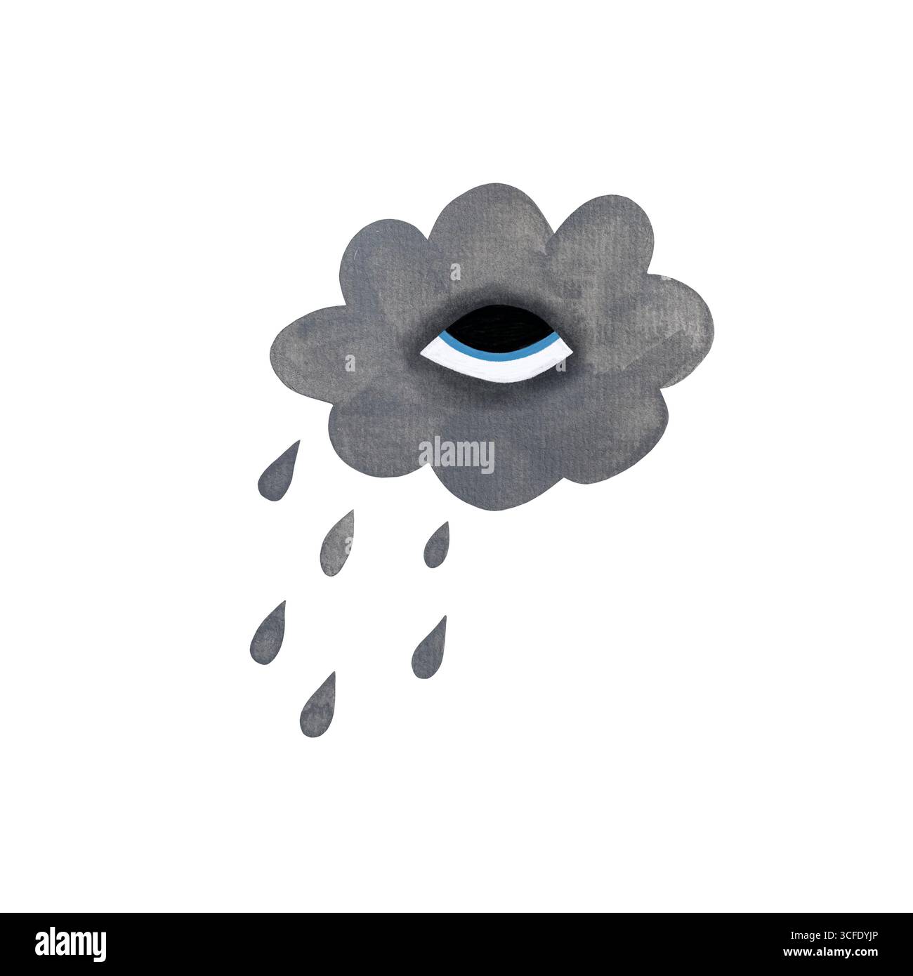 Illustration aquarelle d'un nuage gris stylisé avec un œil et des gouttes de pluie tombant de lui, placé sur un fond blanc. Le design transmet myste Banque D'Images