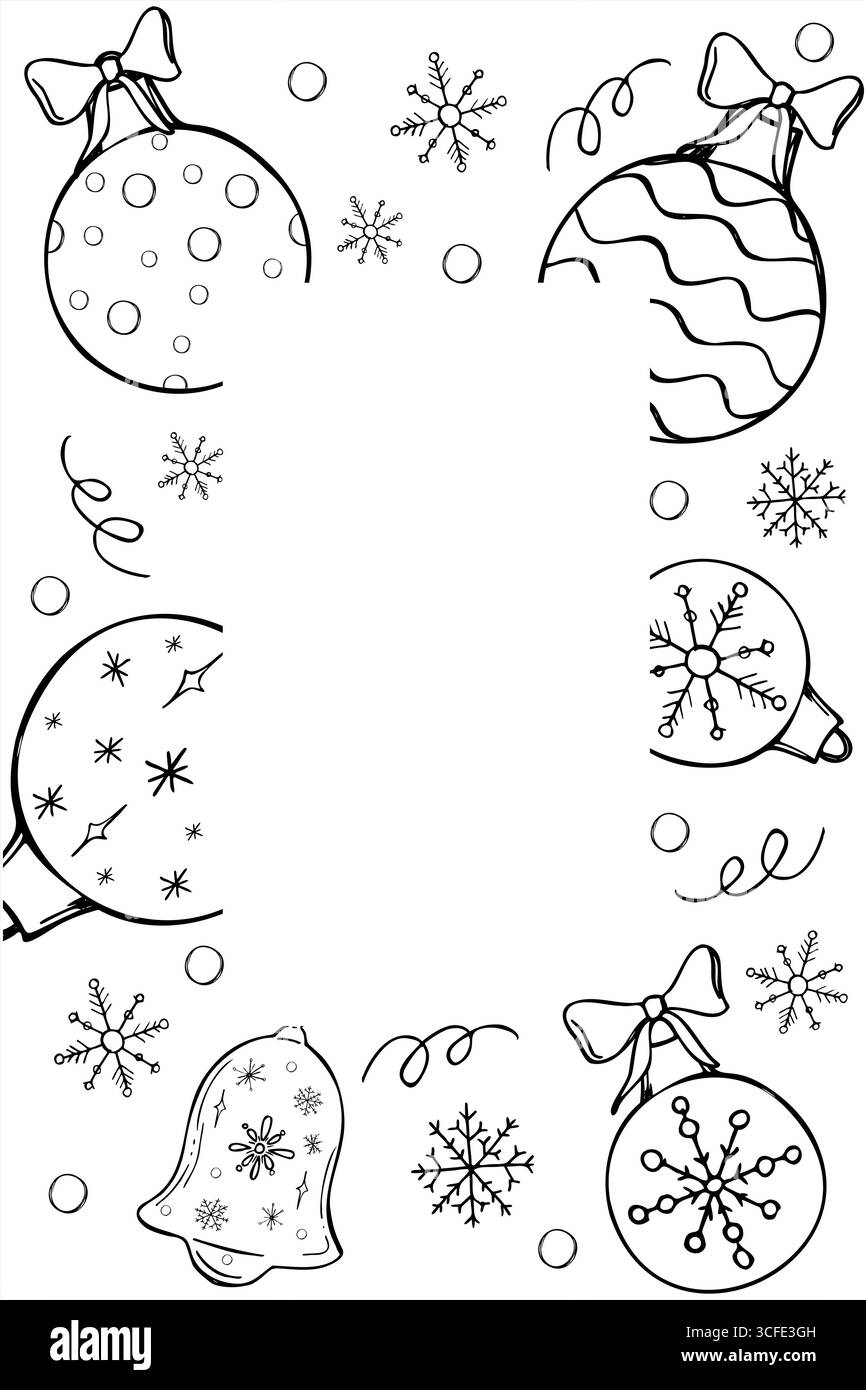 Joyeux Noël et bonne carte de voeux vectorielle nouvel an dans le style noir et blanc. Boules d'arbre de Noël, flocons de neige, décorations cadre rectangle vertical Illustration de Vecteur