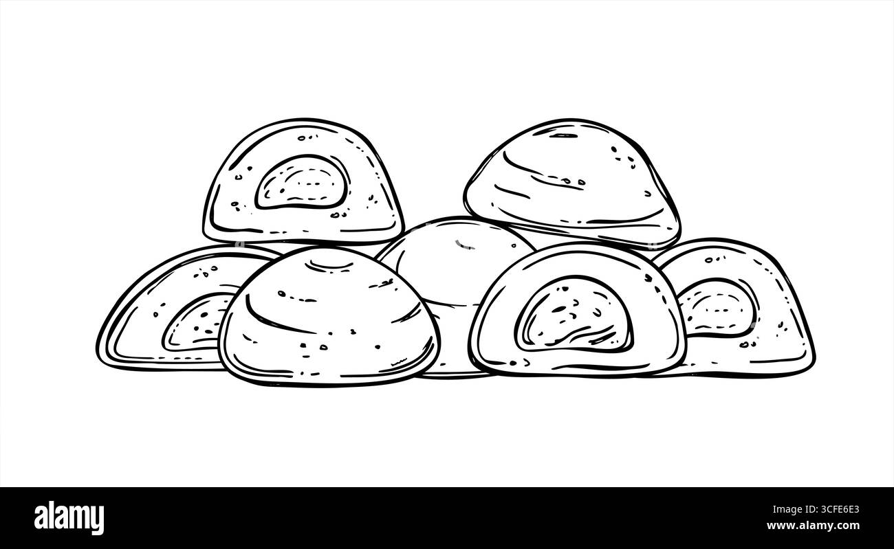 Mochi entier et coupant dans diverses illustrations isolées vectorielles noir et blanc de remplissage. Daifuku ou pile wagashi. Dessert asiatique traditionnel Illustration de Vecteur