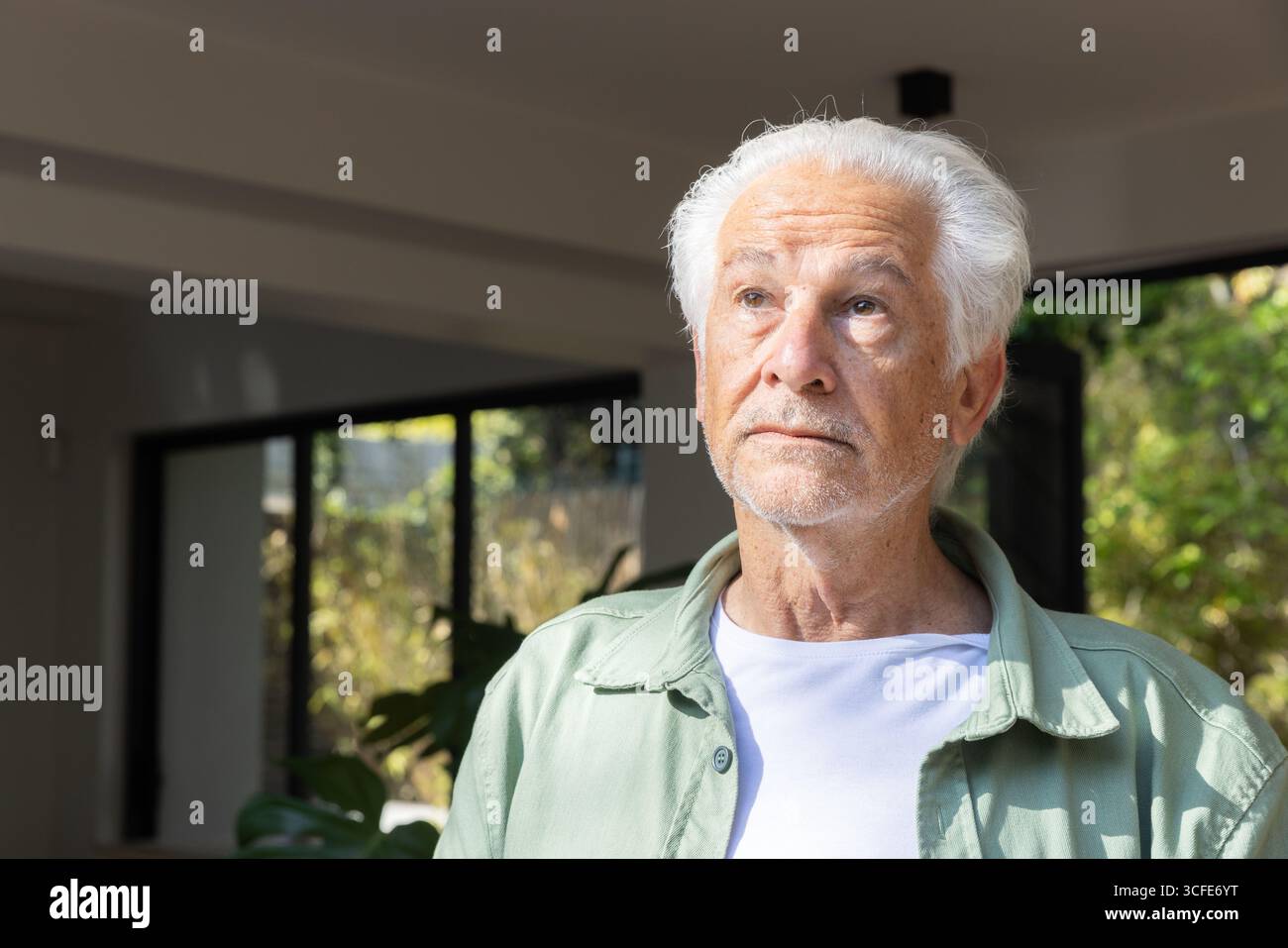Homme senior regardant vers le haut dans la véranda avec portes encadrées noires, plante et luminaire, espace de copie Banque D'Images