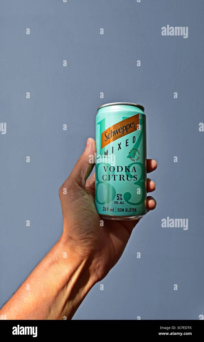 RIO DE JANEIRO, BRÉSIL - 13 août 2025 : main tenant une canette de boisson avec de l'eau tonique, de la vodka et du citron Banque D'Images
