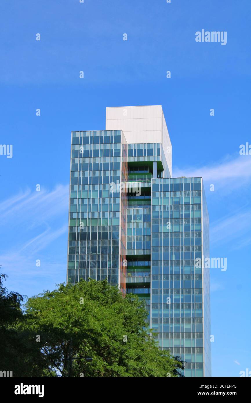 Tour de bureau moderne en verre avec ciel bleu et arbres au premier plan, symbolisant la croissance urbaine, les affaires et l'architecture d'entreprise. Banque D'Images