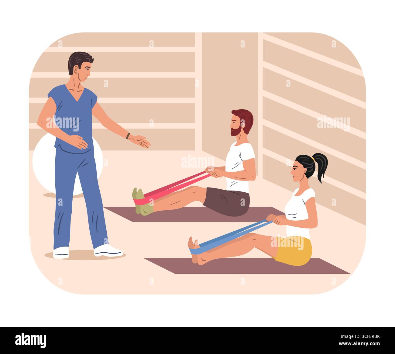 Les patients effectuent un exercice assis avec une bande de résistance guidée par un physiothérapeute. Illustration de style plat vectoriel pour la réadaptation, la physiothérapie et Illustration de Vecteur