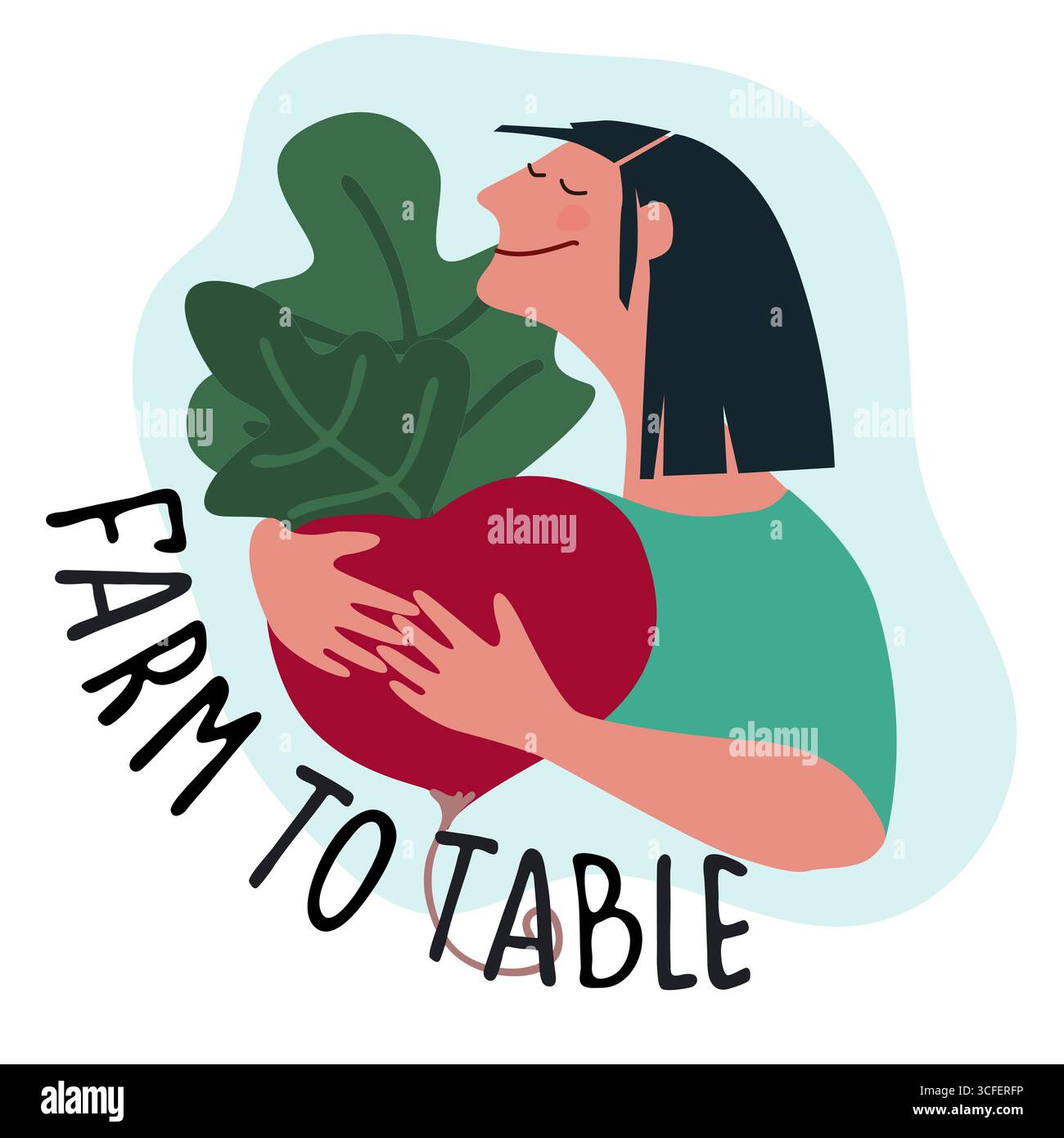 Femme heureuse tenant la betterave géante avec Farm to table citation. Illustration vectorielle humoristique dans un style plat tendance. Récolte, livraison de légumes frais, Illustration de Vecteur