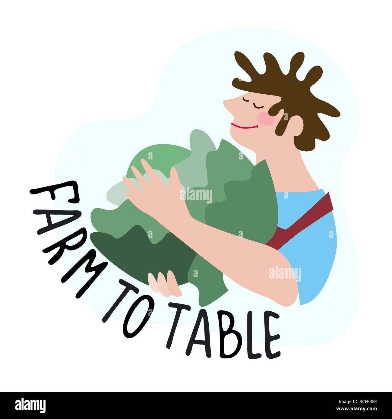 Heureux fermier en salopette tenant le chou blanc géant avec Farm to table citation. Illustration vectorielle humoristique dans un style plat tendance. Récolte, fraîche ve ve Illustration de Vecteur