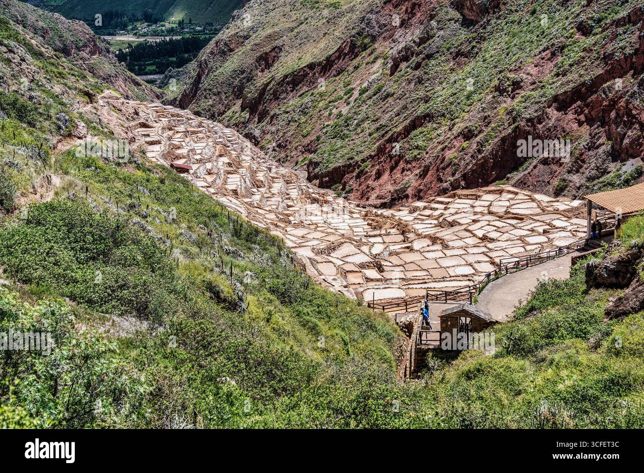 Cusco, Pérou - 15 mars 2025 : les étangs salants de Maras descendent une colline en terrasses dans la Vallée sacrée du Pérou. Banque D'Images