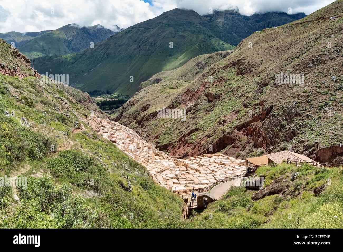 Cusco, Pérou - 15 mars 2025 : les étangs salants de Maras descendent une colline en terrasses dans la Vallée sacrée du Pérou. Banque D'Images