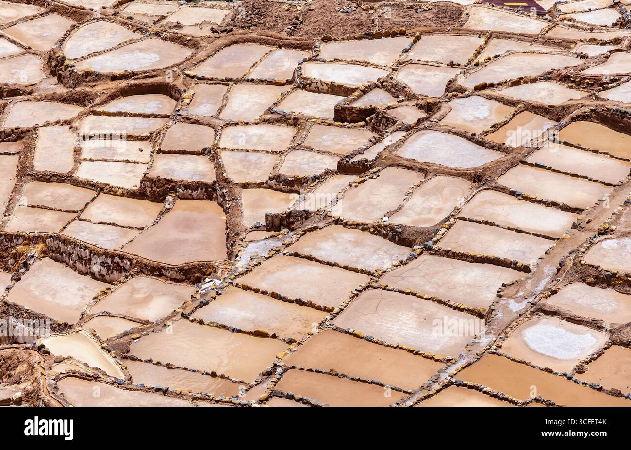 Les étangs salants de Maras descendent une colline en terrasses dans la Vallée sacrée du Pérou. Banque D'Images