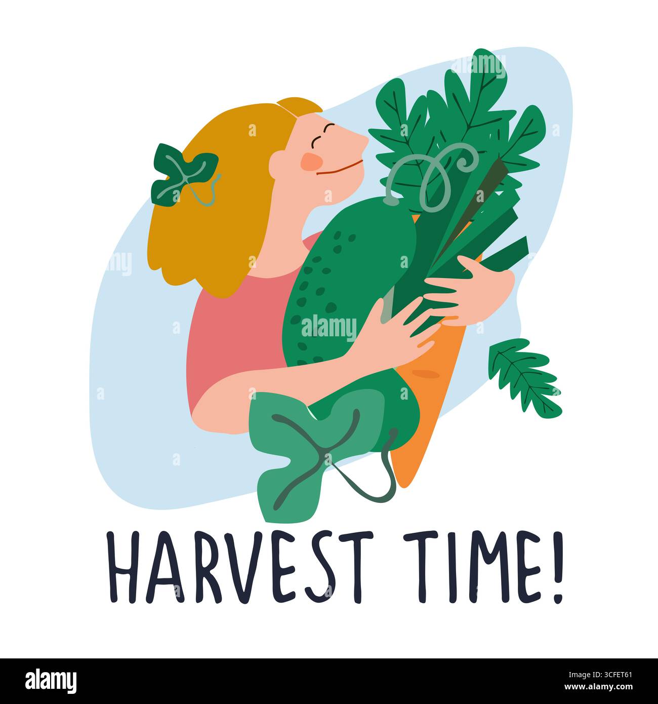 Femme heureuse tenant concombre géant, carotte, poireau. Devis de temps de récolte. Illustration vectorielle humoristique dans un style plat tendance. Récolte, légumes frais Illustration de Vecteur