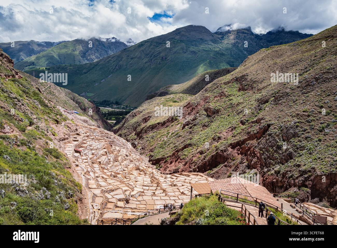Cusco, Pérou - 15 mars 2025 : les étangs salants de Maras descendent une colline en terrasses dans la Vallée sacrée du Pérou. Banque D'Images