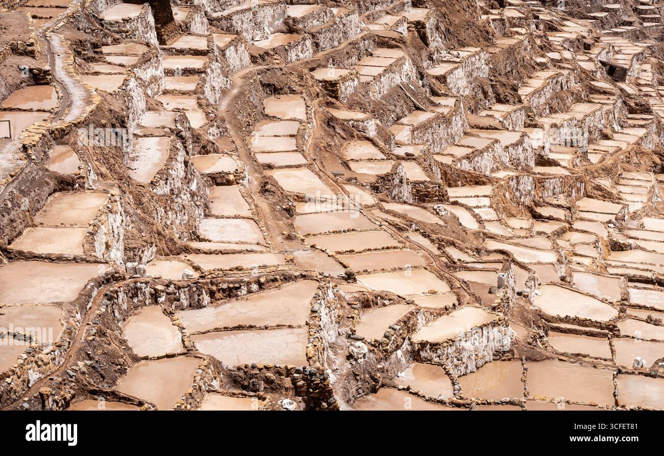 Les étangs salants de Maras descendent une colline en terrasses dans la Vallée sacrée du Pérou. Banque D'Images