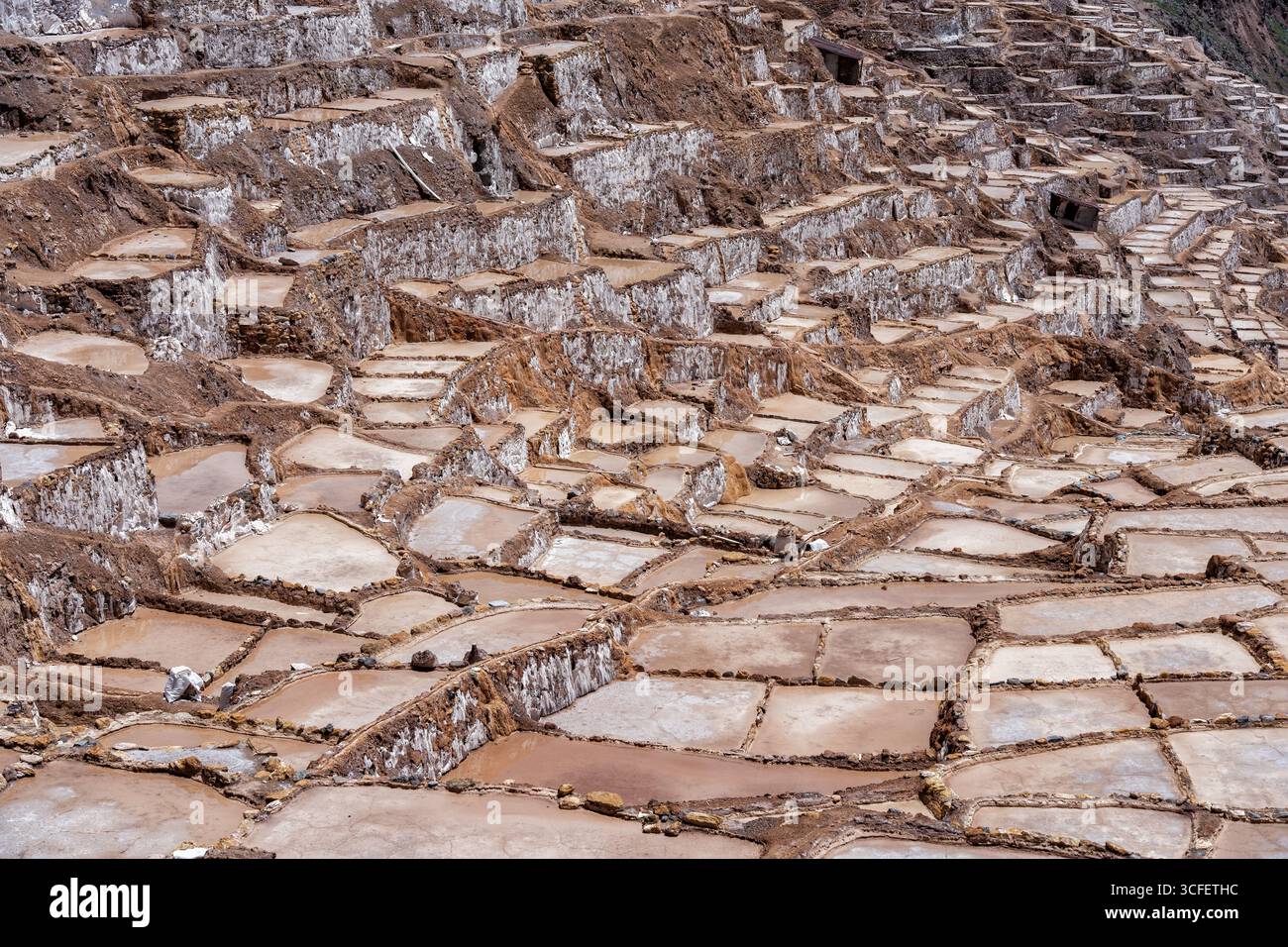 Les étangs salants de Maras descendent une colline en terrasses dans la Vallée sacrée du Pérou. Banque D'Images