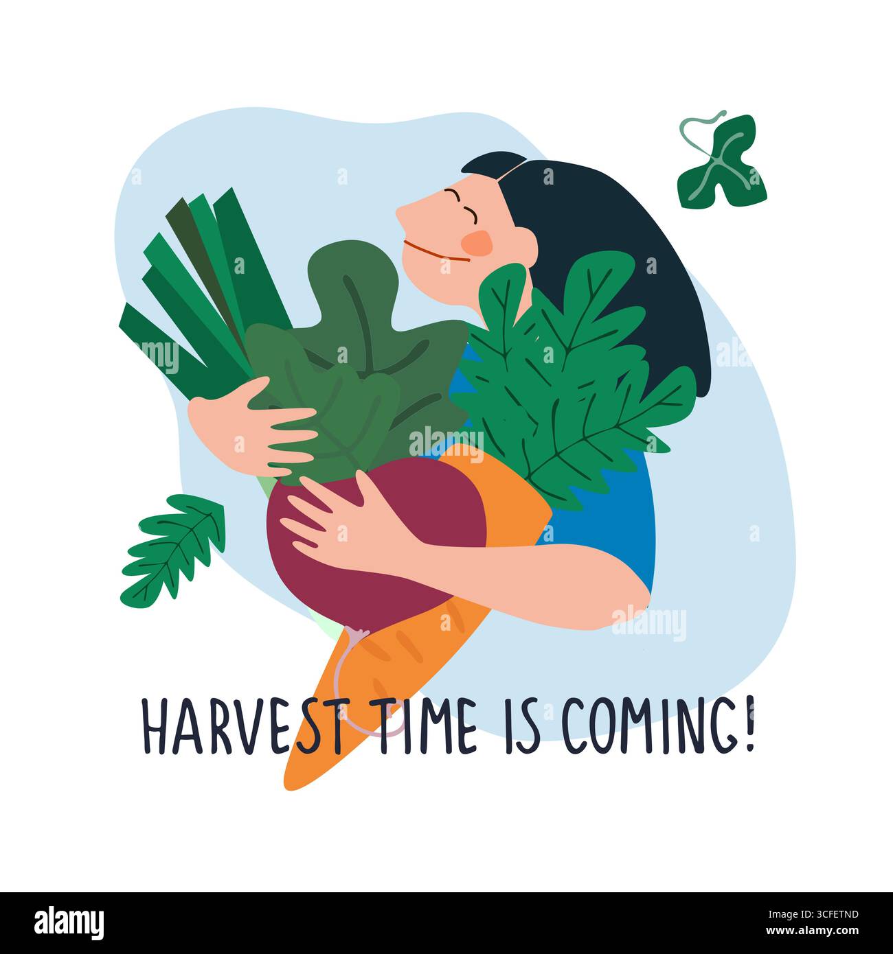 Femme heureuse tenant des betteraves géantes, des carottes, des poireaux. Le temps de la récolte arrive. Illustration vectorielle humoristique dans un style plat tendance. Récolte, fraîche v Illustration de Vecteur