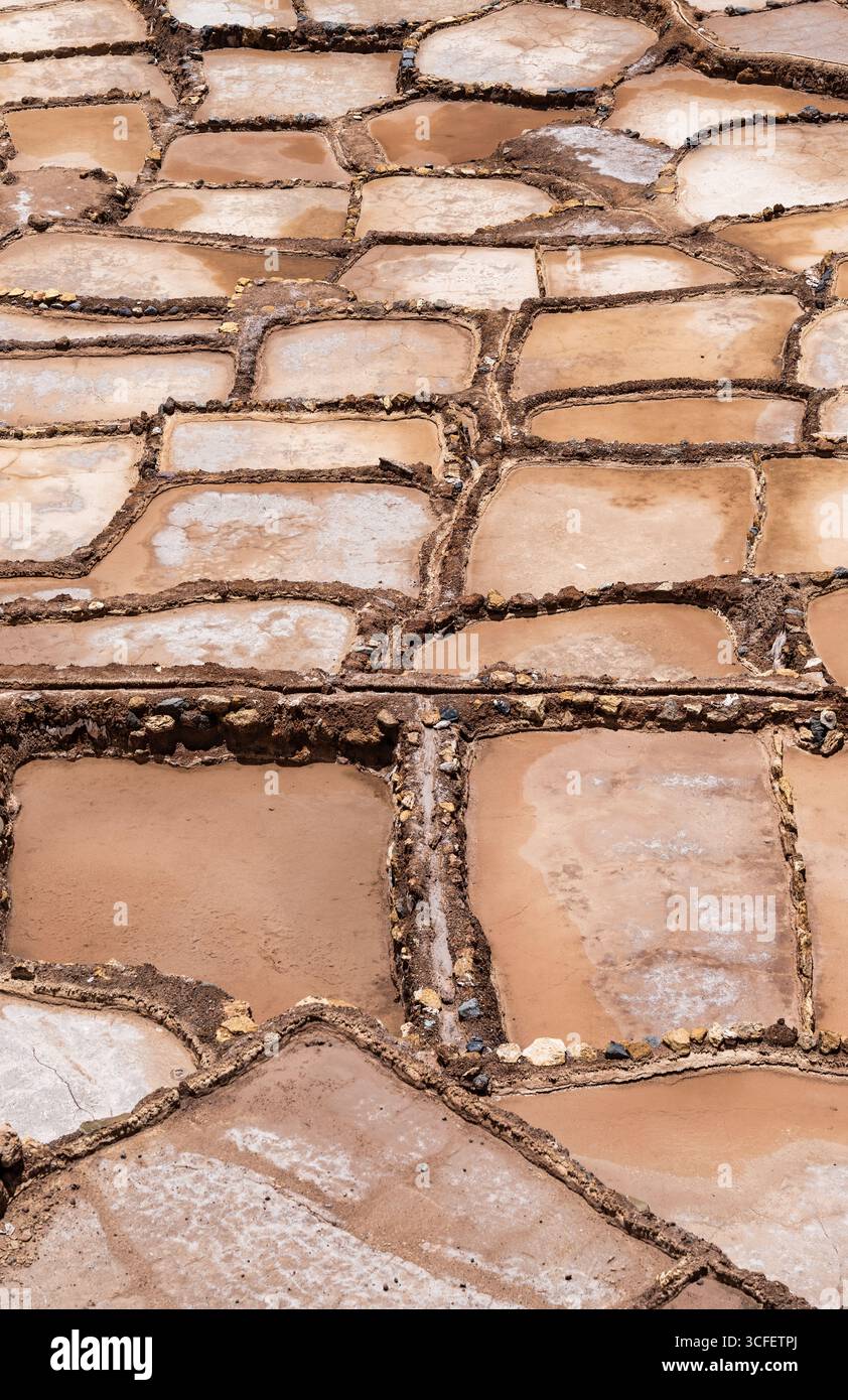 Les étangs salants de Maras descendent une colline en terrasses dans la Vallée sacrée du Pérou. Banque D'Images