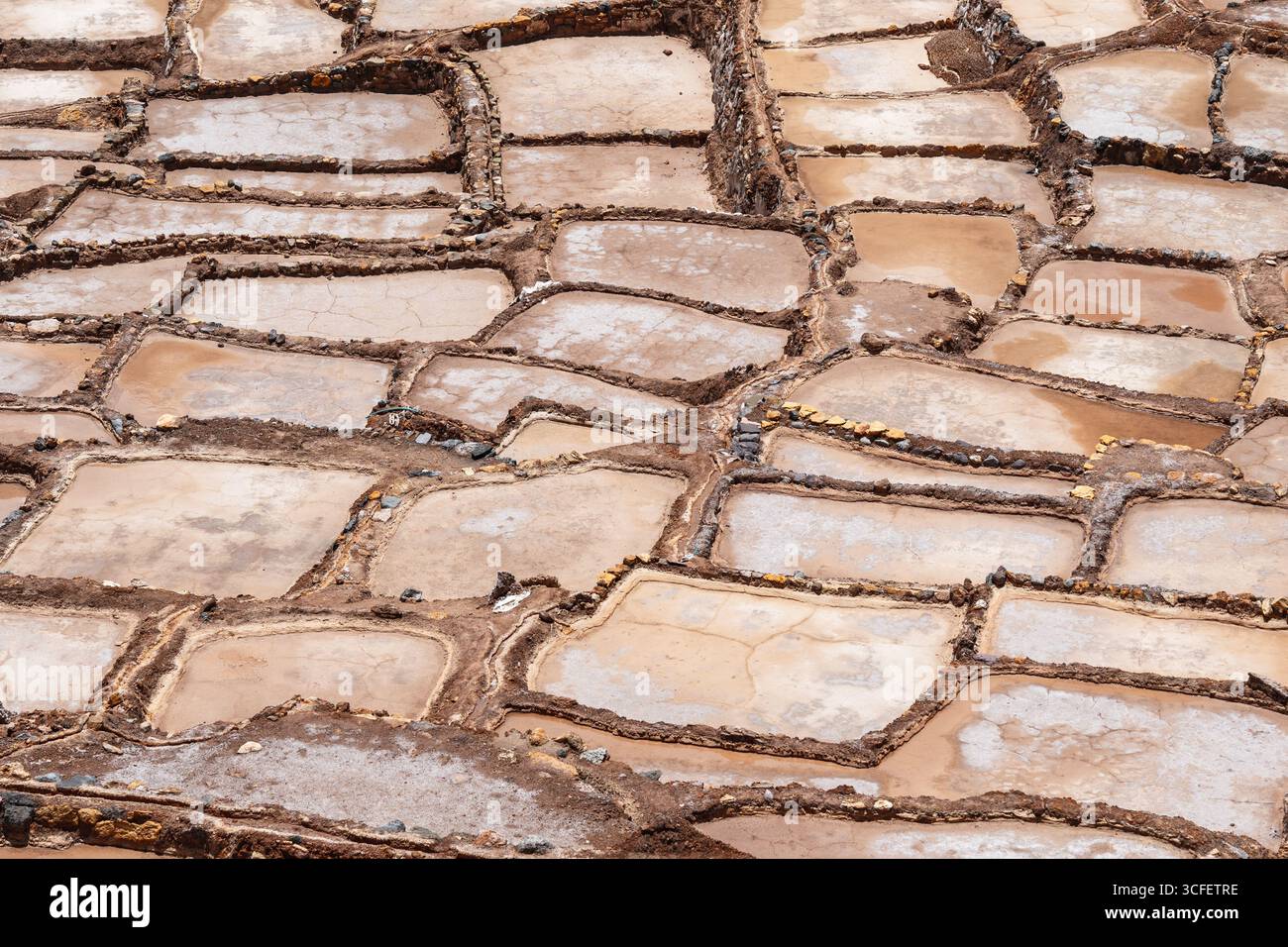 Les étangs salants de Maras descendent une colline en terrasses dans la Vallée sacrée du Pérou. Banque D'Images