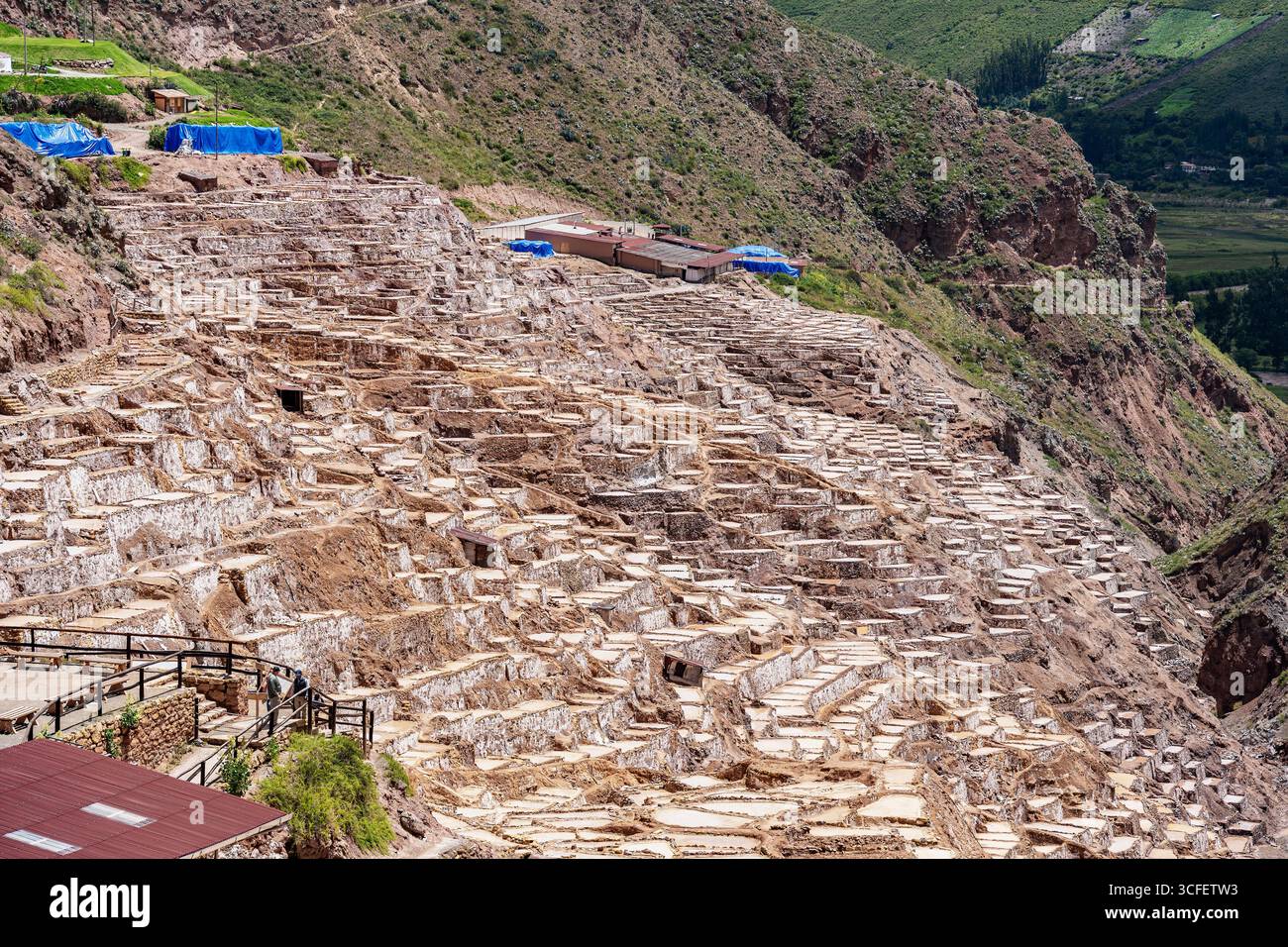 Cusco, Pérou - 15 mars 2025 : les étangs salants de Maras descendent une colline en terrasses dans la Vallée sacrée du Pérou. Banque D'Images