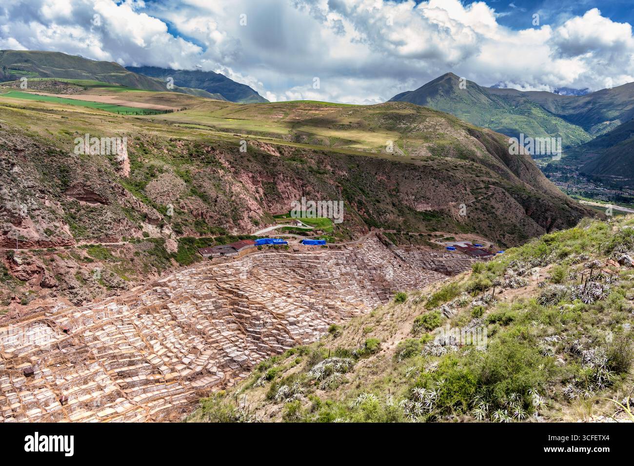 Les étangs salants de Maras descendent une colline en terrasses dans la Vallée sacrée du Pérou. Banque D'Images