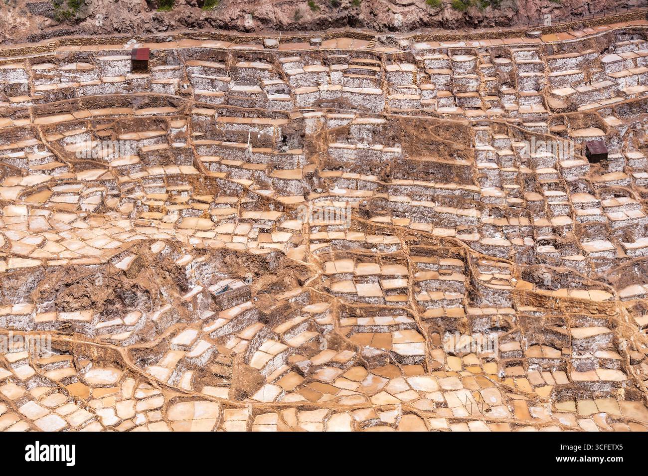 Les étangs salants de Maras descendent une colline en terrasses dans la Vallée sacrée du Pérou. Banque D'Images