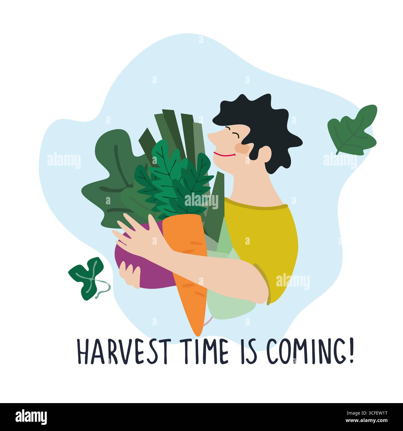 Homme sympathique tenant des betteraves géantes, des carottes, des poireaux. Le temps de la récolte arrive. Illustration vectorielle humoristique dans un style plat tendance. Récolte, fraîche Illustration de Vecteur