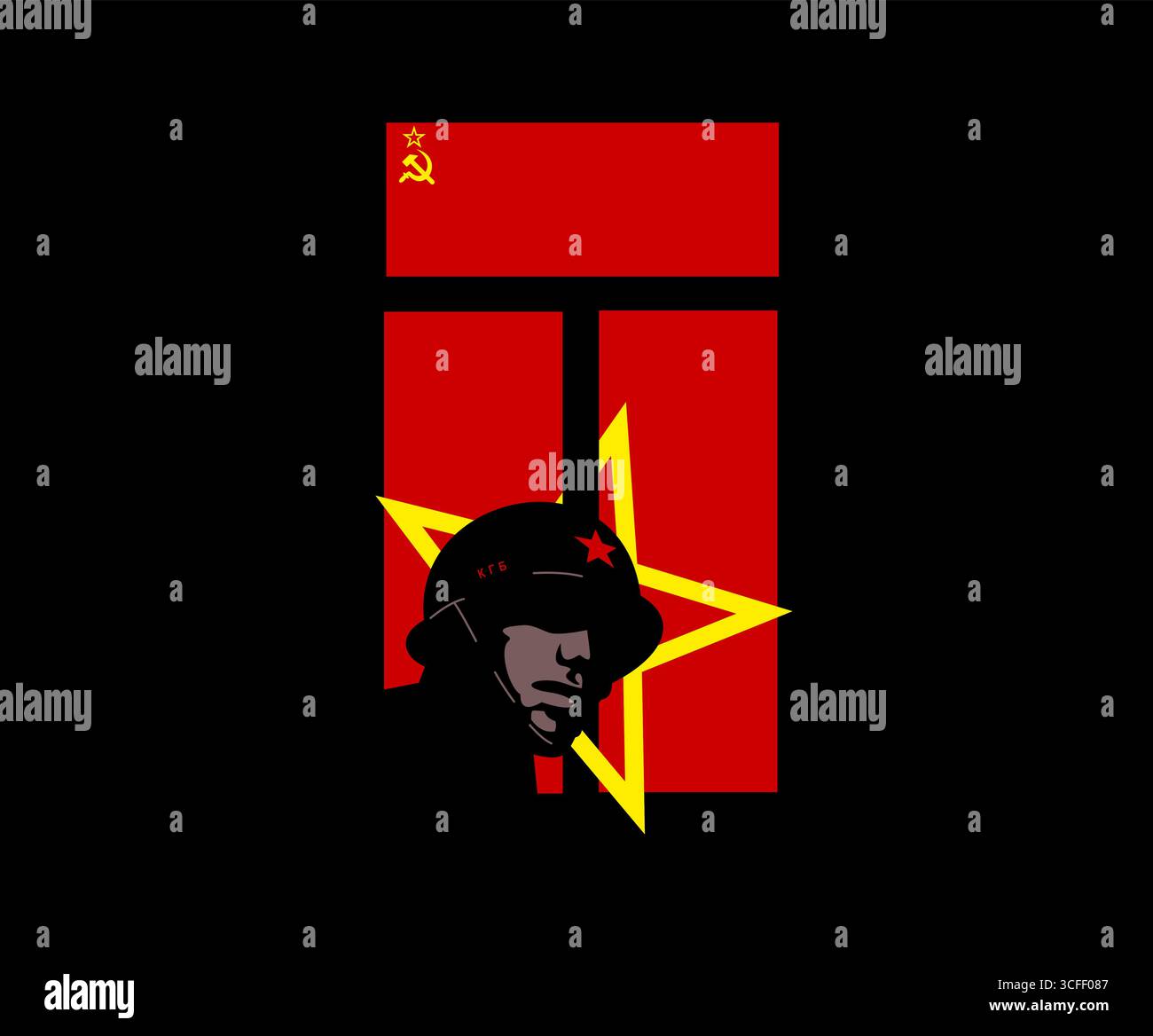 Silhouette de soldat soviétique avec étoile rouge et drapeau. Illustration de Vecteur