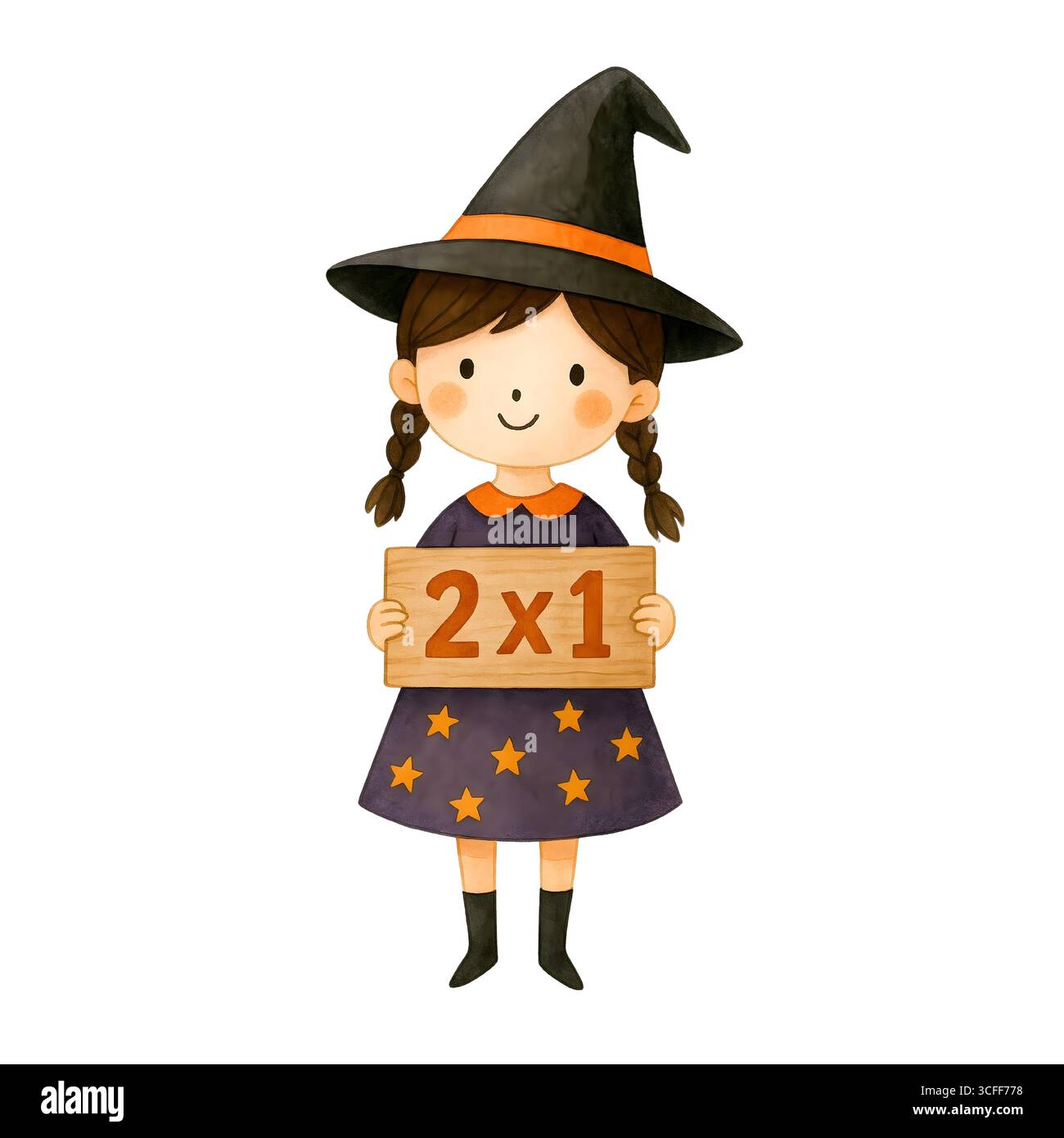 Illustration du signe de promotion de la sorcière mignonne d'Halloween, Clipart de personnage Spooky Banque D'Images
