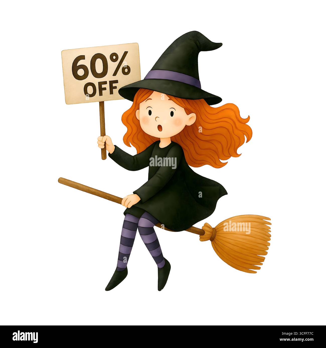 Illustration du signe de promotion de la sorcière mignonne d'Halloween, Clipart de personnage Spooky Banque D'Images
