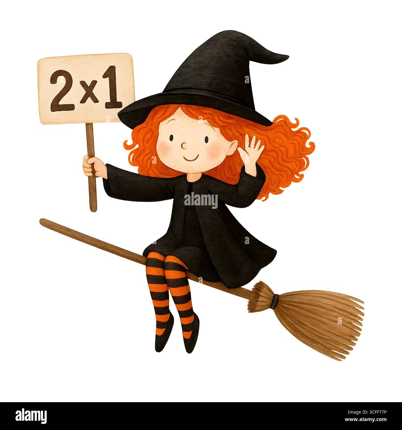 Illustration du signe de promotion de la sorcière mignonne d'Halloween, Clipart de personnage Spooky Banque D'Images