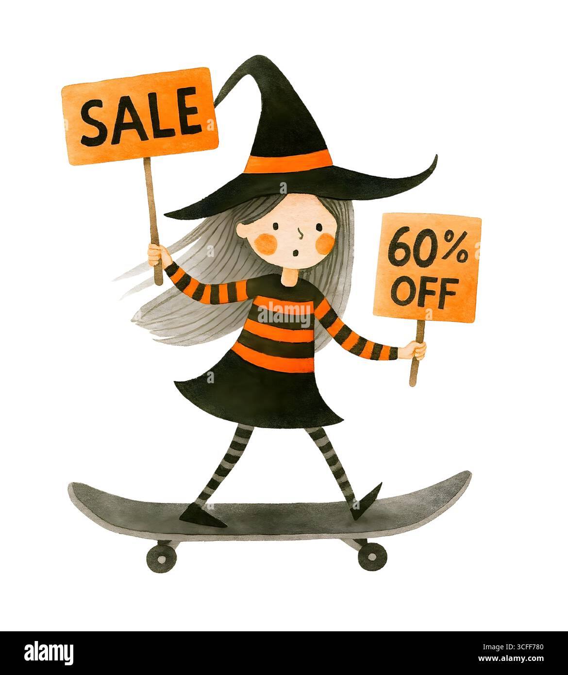 Illustration du signe de promotion de la sorcière mignonne d'Halloween, Clipart de personnage Spooky Banque D'Images