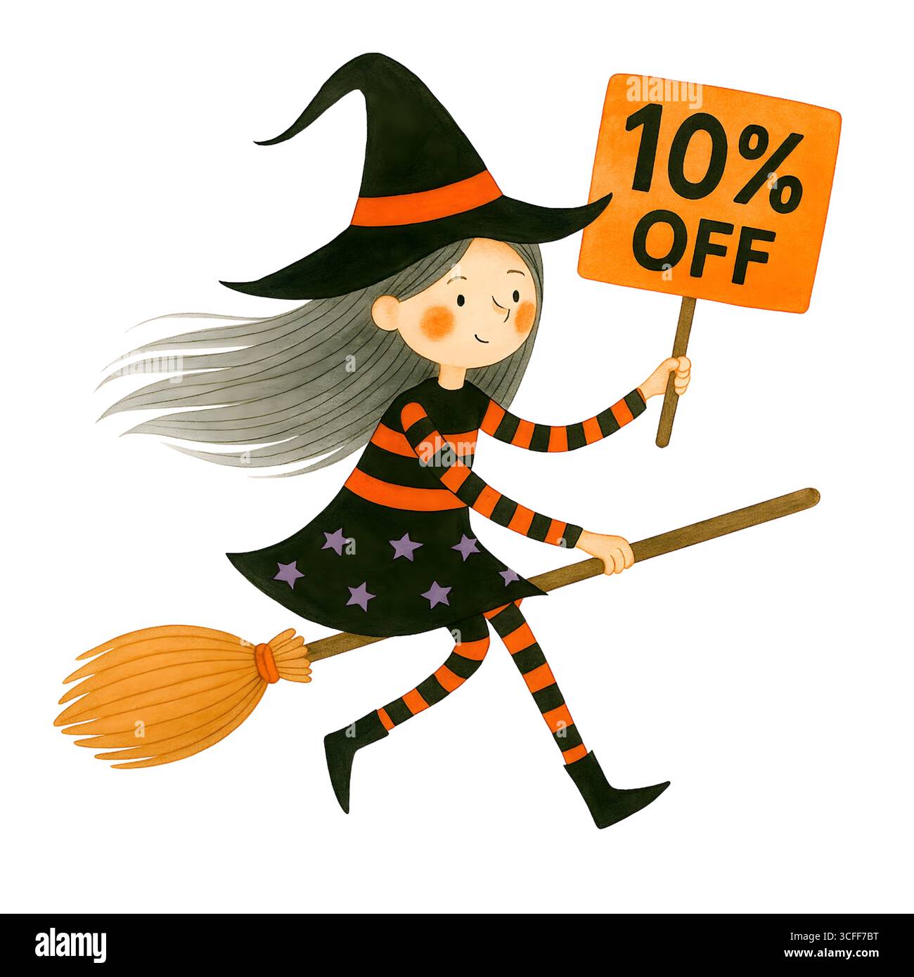 Illustration du signe de promotion de la sorcière mignonne d'Halloween, Clipart de personnage Spooky Banque D'Images