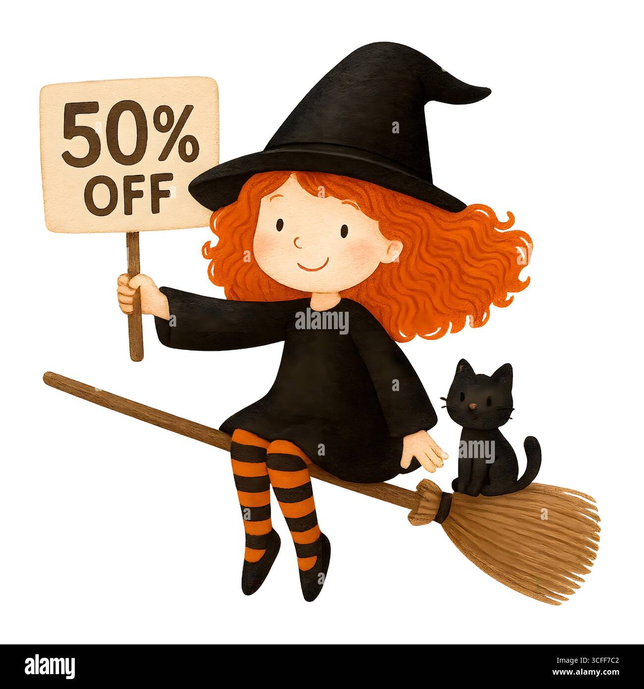 Illustration du signe de promotion de la sorcière mignonne d'Halloween, Clipart de personnage Spooky Banque D'Images