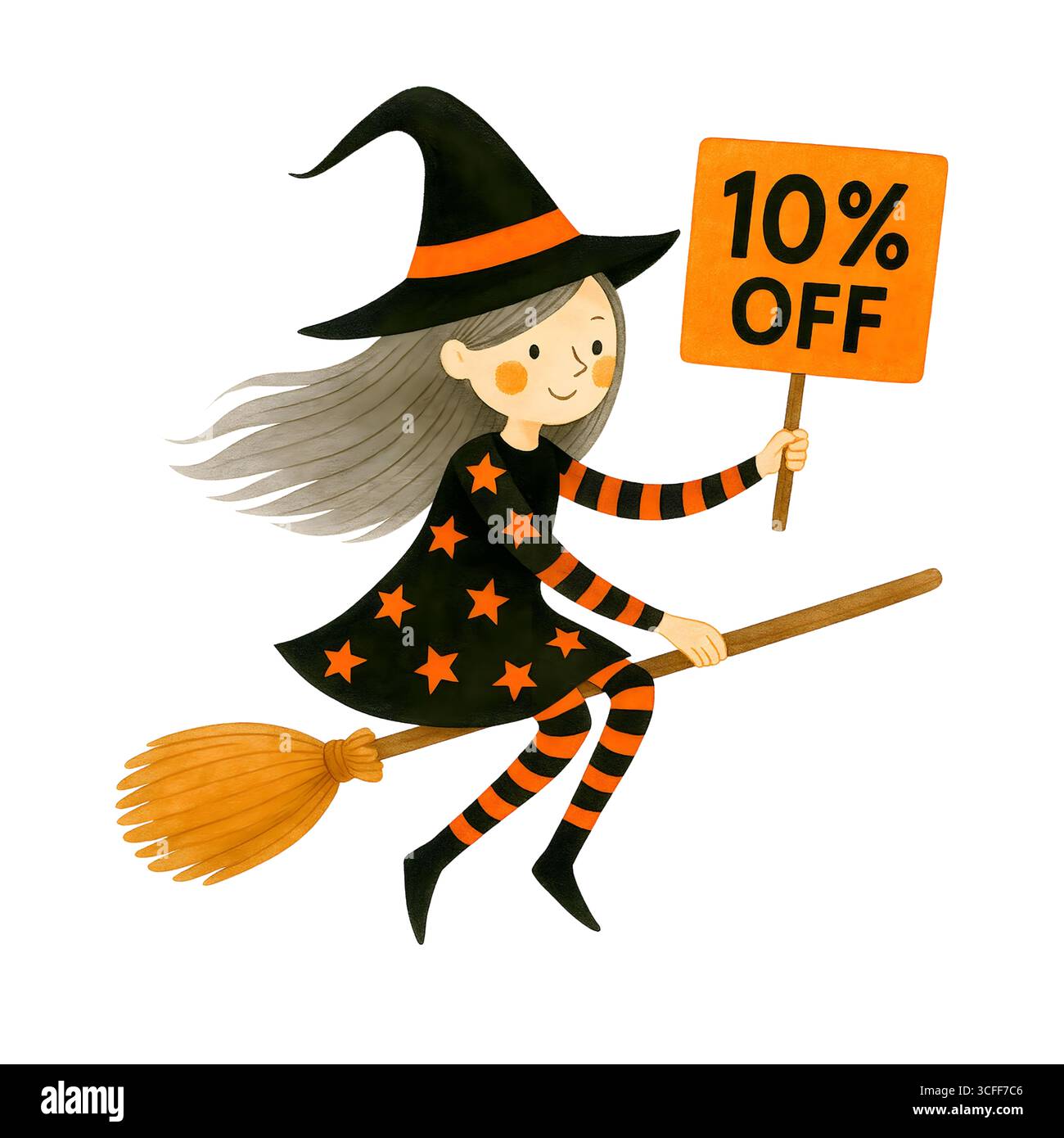 Illustration du signe de promotion de la sorcière mignonne d'Halloween, Clipart de personnage Spooky Banque D'Images
