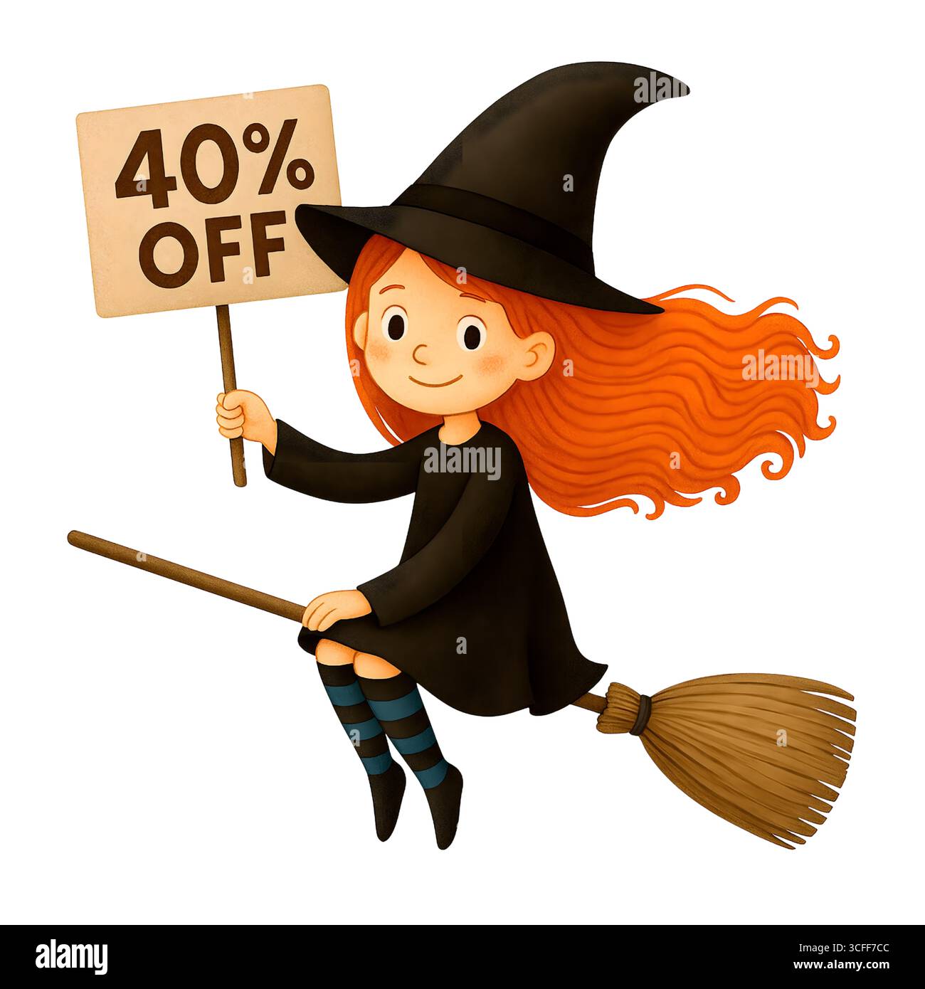 Illustration du signe de promotion de la sorcière mignonne d'Halloween, Clipart de personnage Spooky Banque D'Images