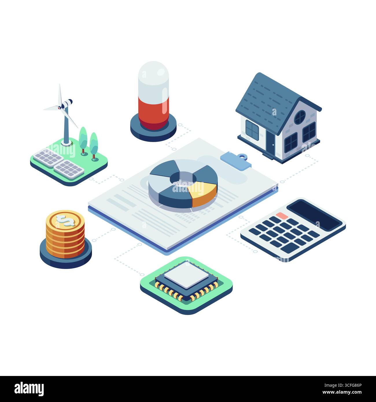 Diversification de portefeuille d'investissement isométrique avec l'immobilier, la trésorerie, la technologie et l'industrie de la santé. Concept de diversification de portefeuille Illustration de Vecteur