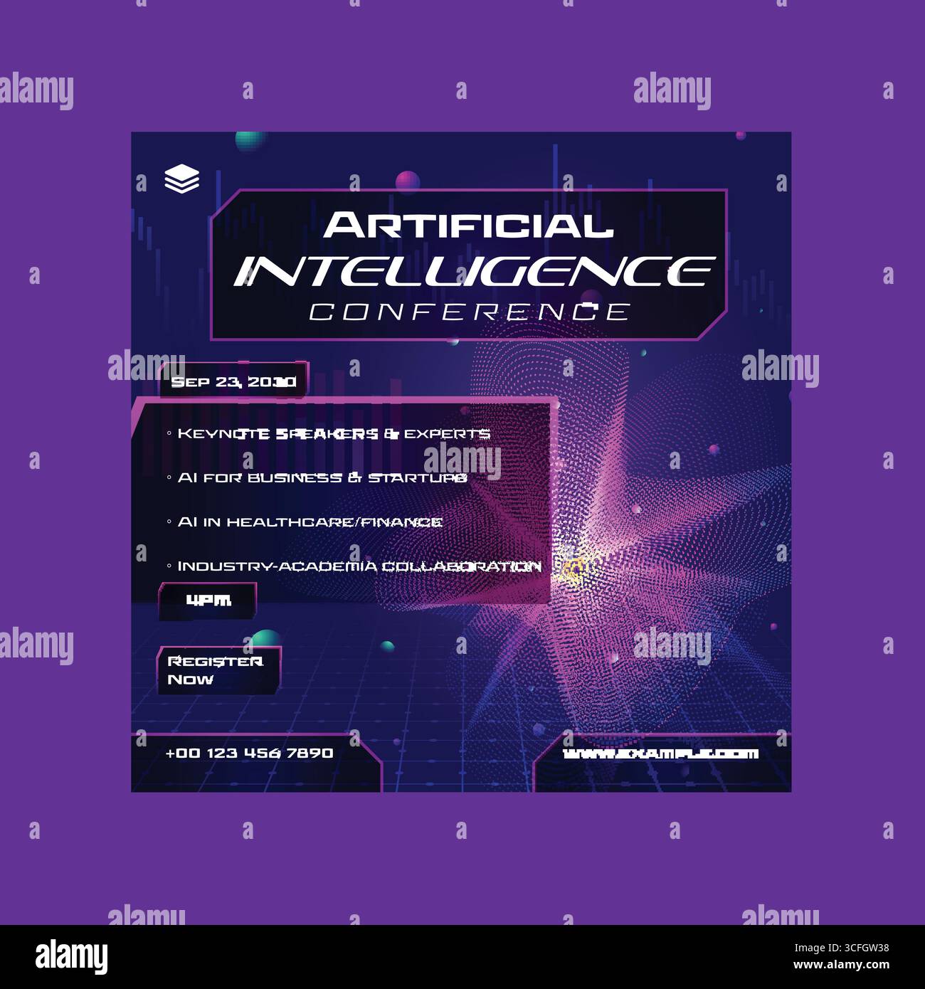 Conférence sur l'intelligence artificielle publication sur les médias sociaux pour le marketing en ligne, la promotion d'événements et les séminaires axés sur l'IA. Illustration de Vecteur