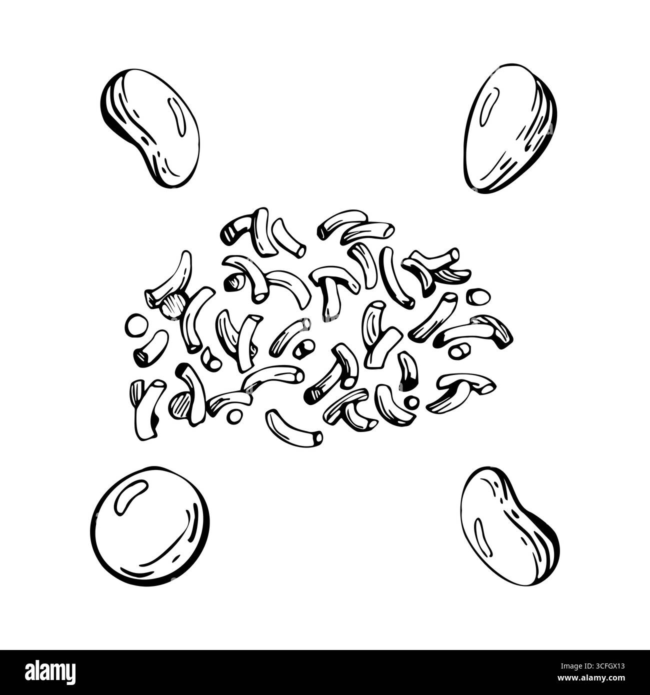 Bonbons dragéifiés au sucre, saupoudrés de brins dispersés au hasard. illustration graphique de ligne dessinée à la main à l'encre vectorielle. Café sucré, emballage d'en-cas d'été Illustration de Vecteur