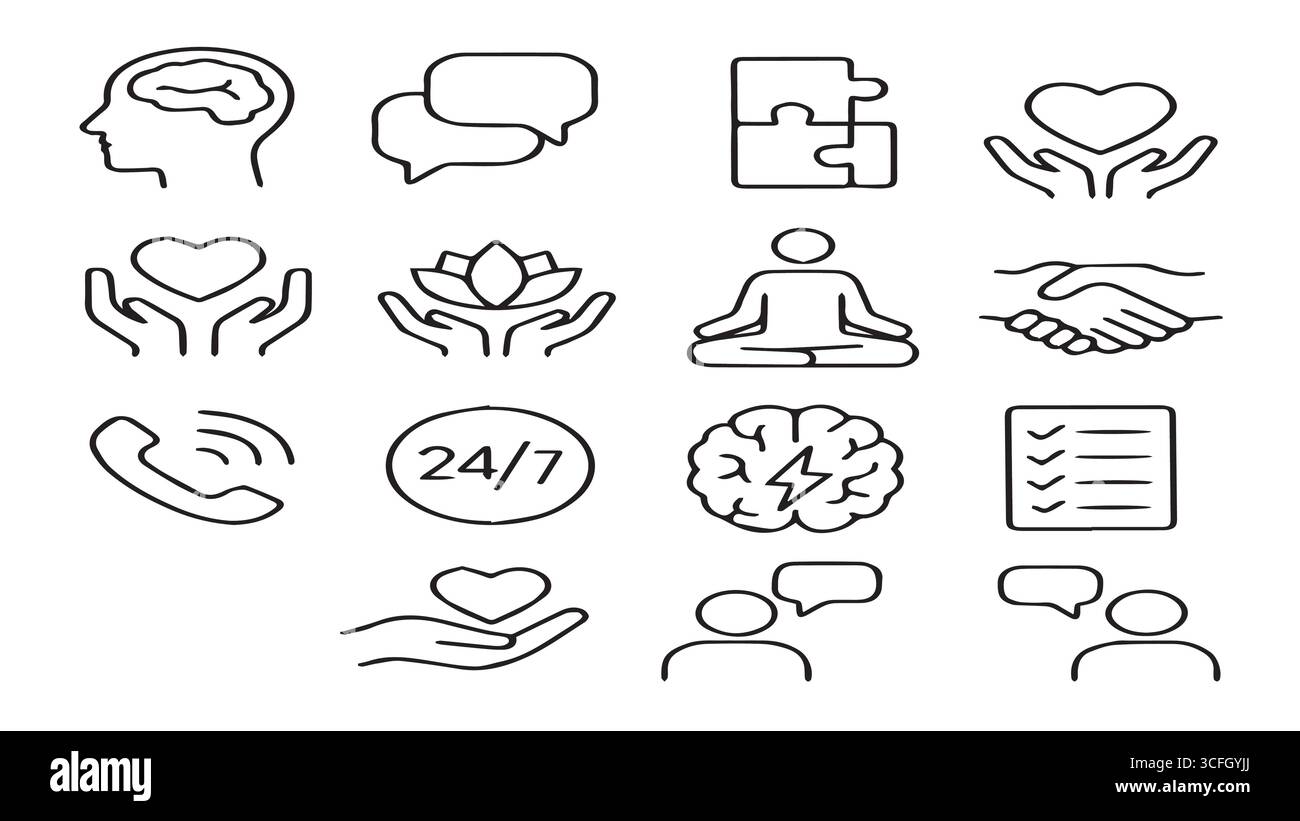 « Ensemble d'icônes de la ligne santé mentale et bien-être – symboles de thérapie, méditation, soutien, communication et soins » Illustration de Vecteur