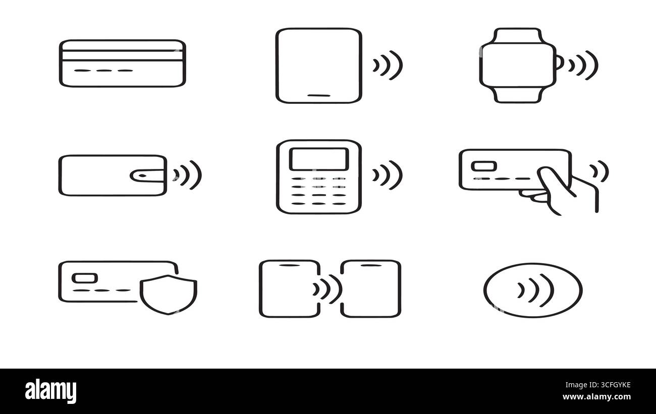 'Jeu d'icônes de paiement sans contact - carte de crédit, NFC, Smartwatch, portefeuille mobile et terminal POS' Illustration de Vecteur