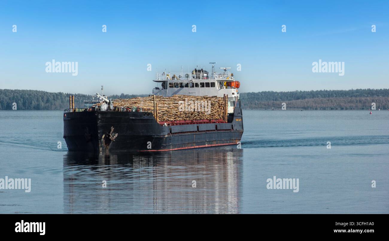 Cargo en bois sur le fleuve Svir dans le nord-est de l'oblast de Leningrad, Russie. Il coule du lac Onega au lac Ladoga, reliant les deux plus grands Banque D'Images