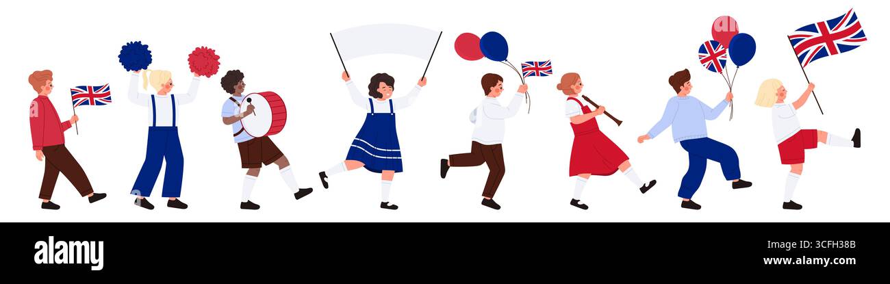 Enfants marchant avec des drapeaux britanniques, des ballons et des instruments dans une parade festive Trooping the Colour, célébrant la tradition du Royaume-Uni, isolé sur fond blanc illustration vectorielle Illustration de Vecteur