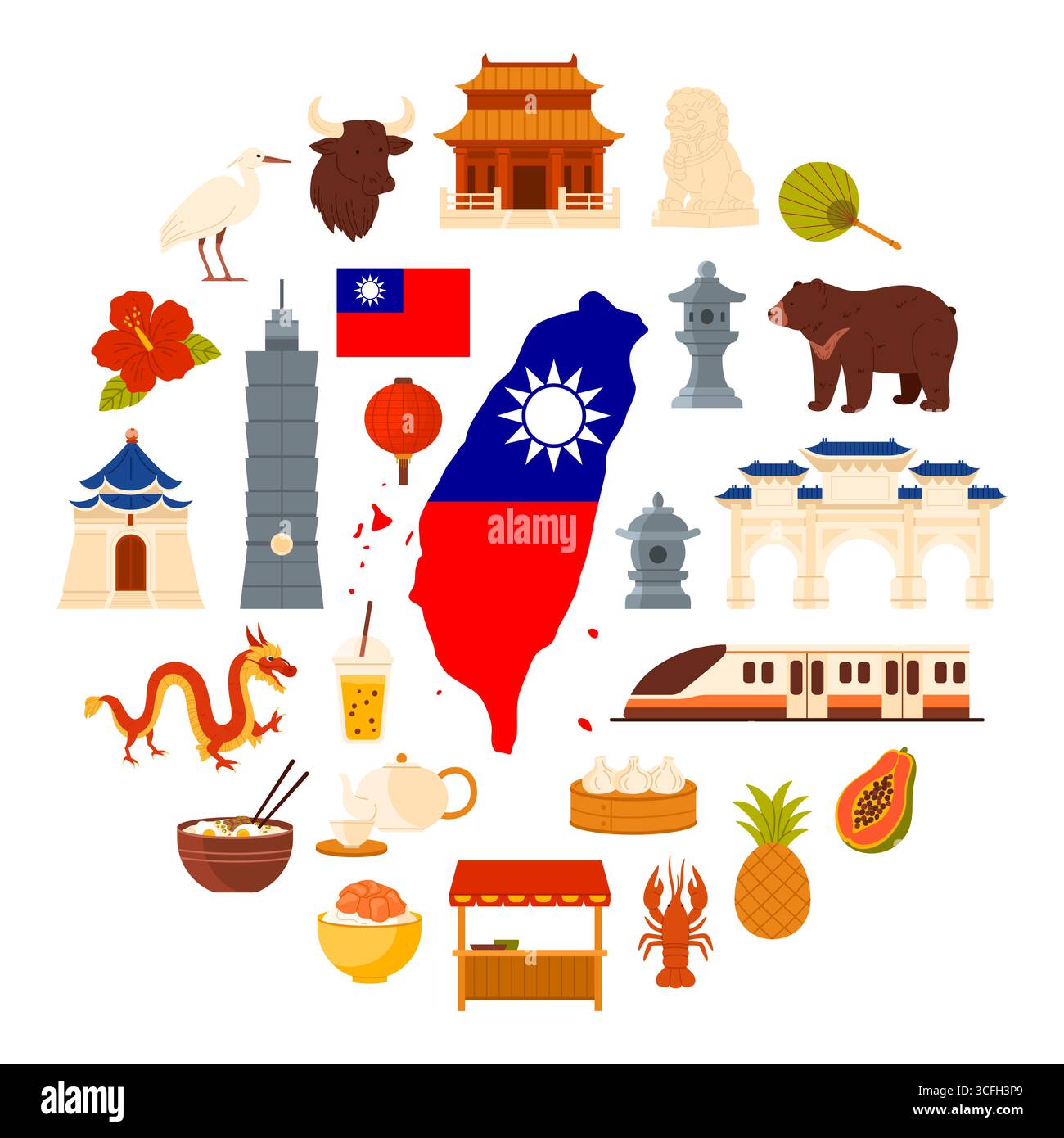 Éléments de la culture taïwanaise et monuments de Taiwan, animaux et nourriture dans la bannière infographique ronde. Carte de Taiwan avec drapeau et train à grande vitesse, nourriture de marché de rue et illustration vectorielle de dessin animé de thé Illustration de Vecteur
