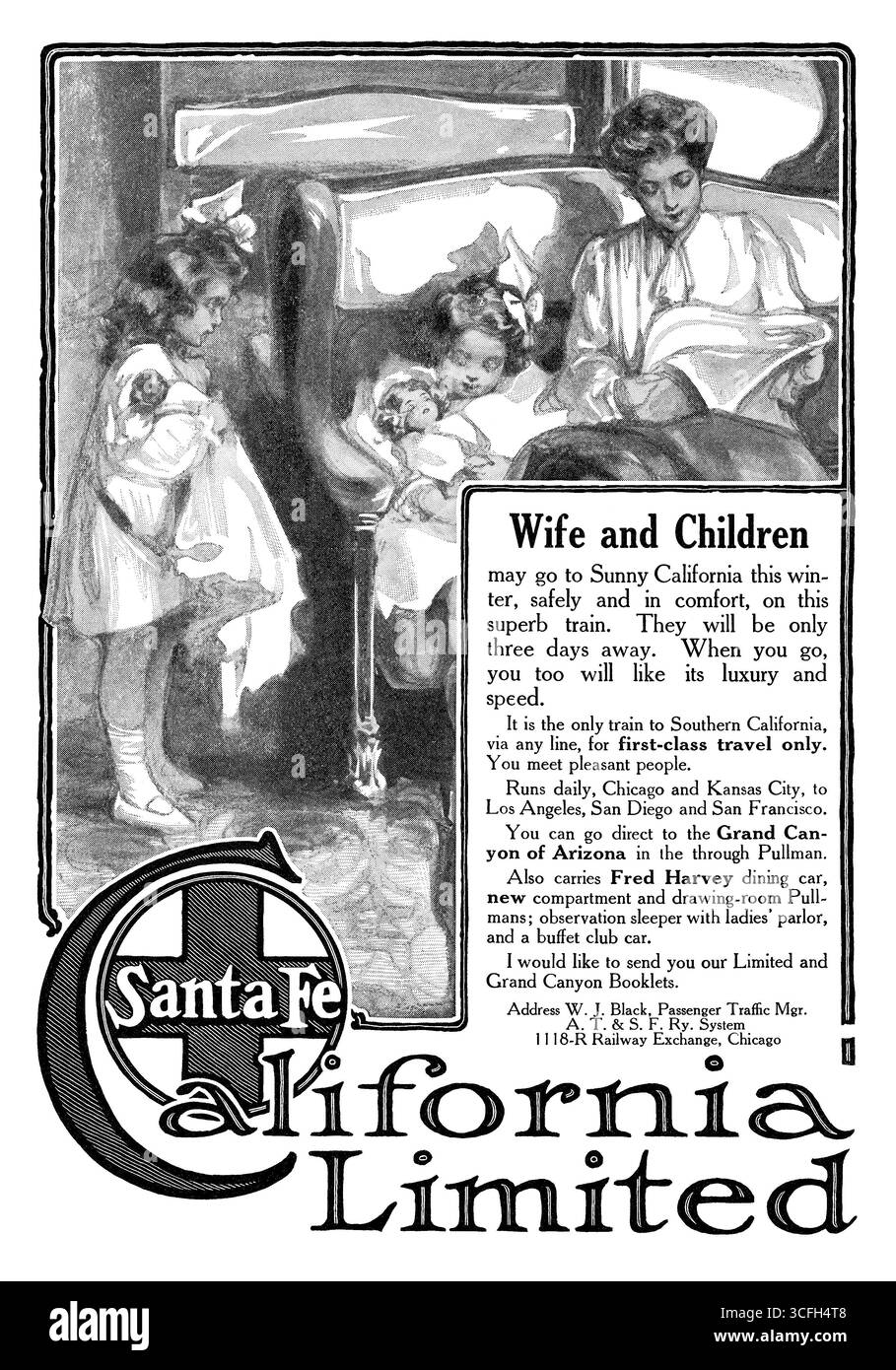 1908 publicité pour le train Santa Fe California Limited de Chicago et Kansas City à Los Angeles, San Diego et San Francisco. Banque D'Images